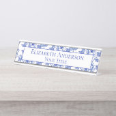 青と白のフローラ名プレート デスクネームプレート (正面)