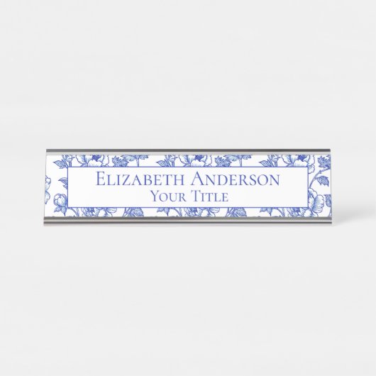 青と白のフローラ名プレート デスクネームプレート (正面)