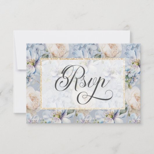 青と白のフローラ素朴金ゴールドフレーム結婚式RSVP 出欠カード (正面)