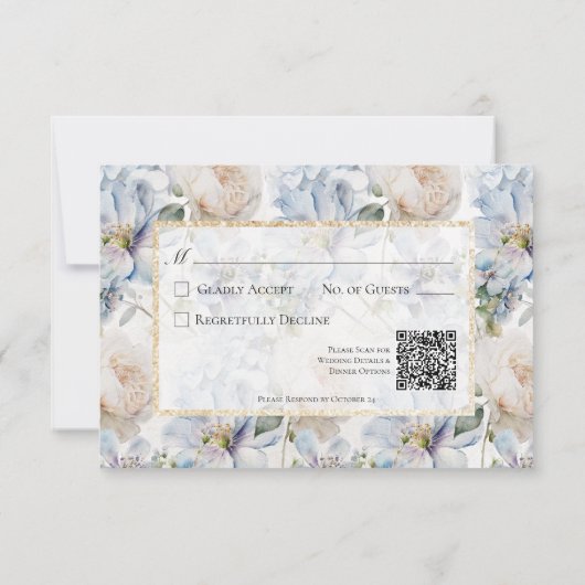 青と白のフローラ素朴金ゴールドフレーム結婚式RSVP 出欠カード (裏面)