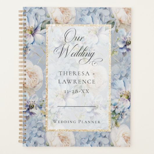 青と白のフローラ素朴金ゴールドフレ結婚ーム プランナー手帳 (正面)