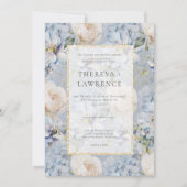 青と白のフローラ素朴金ゴールドフレ結婚ーム 招待状 (正面)