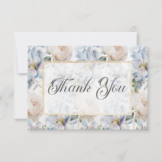 青と白のフローラ素朴金ゴールド枠の白 サンキューカード (正面)