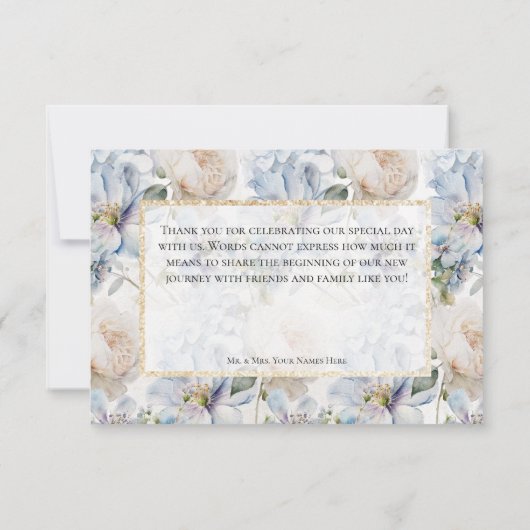 青と白のフローラ素朴金ゴールド枠の白 サンキューカード (裏面)