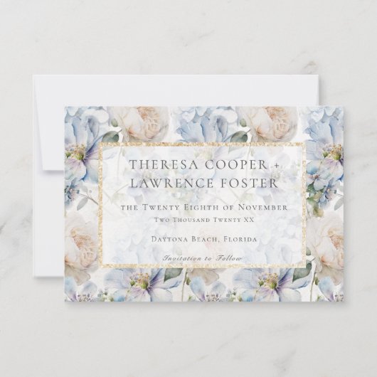 青と白のフローラ素朴金ゴールド枠の白 セーブザデート (裏面)