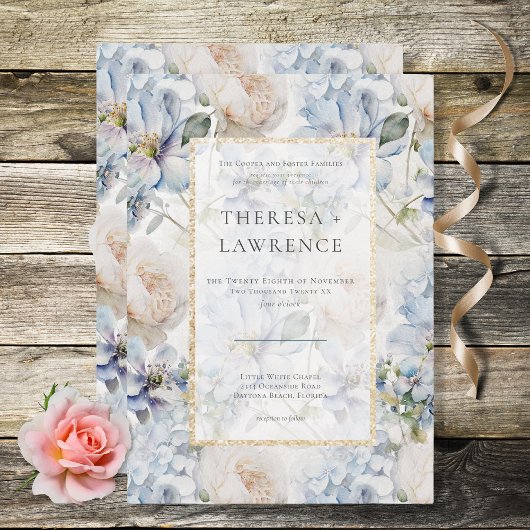 青と白のフローラ素朴金ゴールド枠の白 招待状