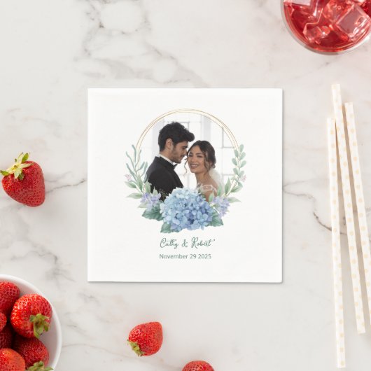 青と白のフローラ結婚の写真ナプキン スタンダードカクテルナプキン (インサイチュ)