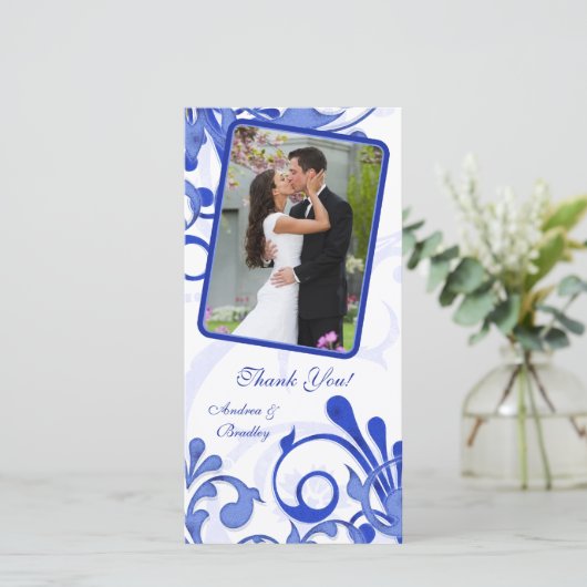 青と白のフローラ結婚の感謝フォトカード サンキューカード (スタンド正面)
