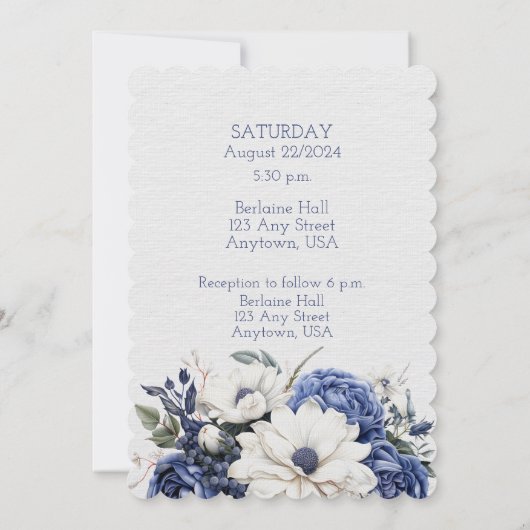 青と白のフローラ結婚の花束 招待状 (裏面)