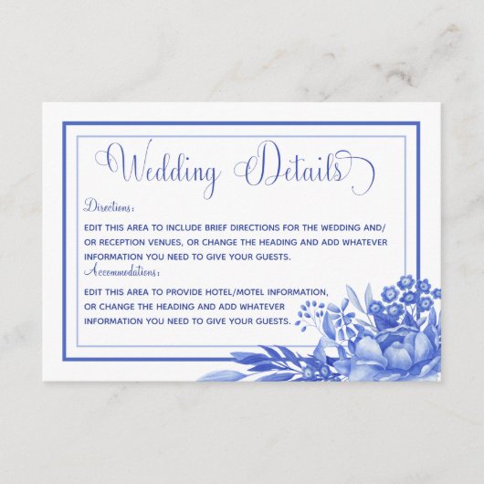 青と白のフローラ結婚の詳細 エンクロージャーカード (正面)