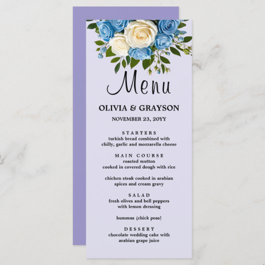青と白のフローラ結婚カード メニュー (正面/裏面)