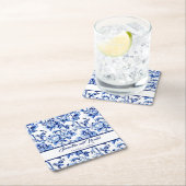 青と白のフローラ結婚トイル スクエアペーパーコースター (インサイチュ)