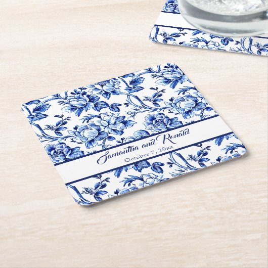 青と白のフローラ結婚トイル スクエアペーパーコースター (アングル)
