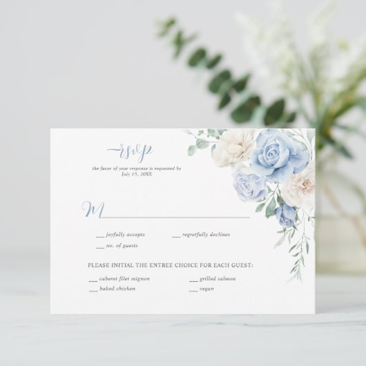 青と白のフローラ結婚式RSVP 招待状 (スタンド正面)