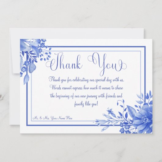 青と白のフローラ結婚磁器 サンキューカード (正面)