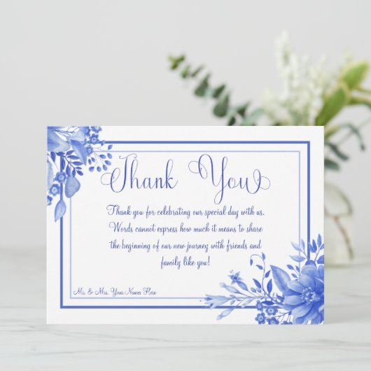 青と白のフローラ結婚磁器 サンキューカード (スタンド正面)