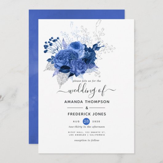 青と白のフローラ結婚 招待状 (正面/裏面)