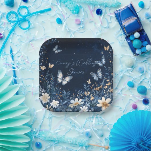 青と白のフローラ蝶ウェディングシャワー ペーパープレート (パーティー)