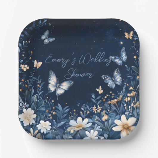 青と白のフローラ蝶ウェディングシャワー ペーパープレート (正面)