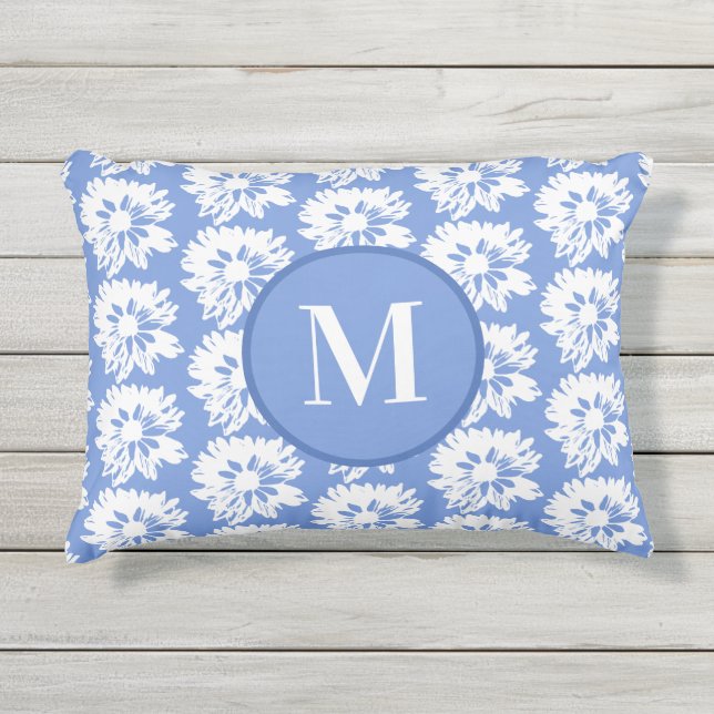 青と白のフローラ長方形サマーモノグラム アウトドアクッション (正面)