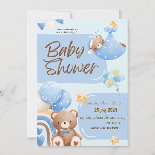 青と白のフローラ《キリスト教》洗礼式や命名式招待状 招待状 (正面)