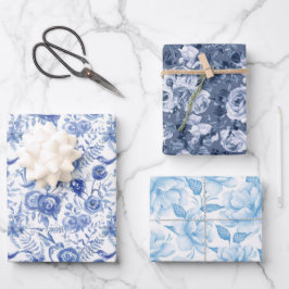 青と白のフローラ ラッピングペーパーシート