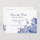 青と白のフローラChinoiserie日付を保存 ポストカード (正面/裏面)