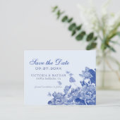 青と白のフローラChinoiserie日付を保存 ポストカード (スタンド正面)