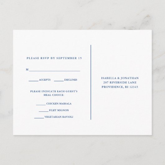 青と白のフローラRsvpとスクリプトの食事の選択 インビテーションポストカード (裏面)