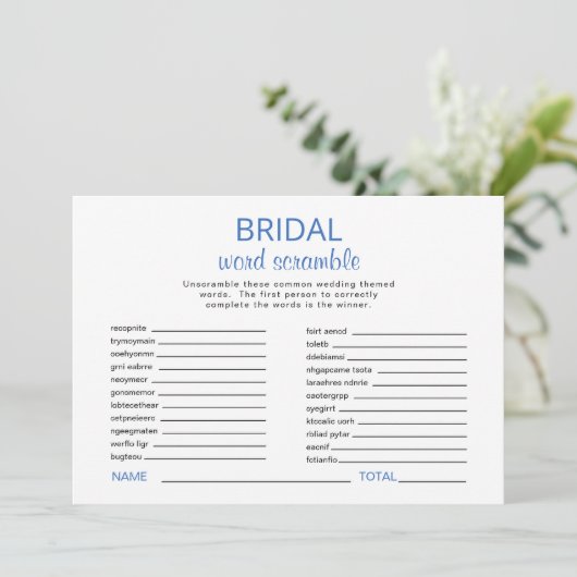 青と白のブライダルシャワー単語スクランブルゲーム 招待状 (スタンド正面)