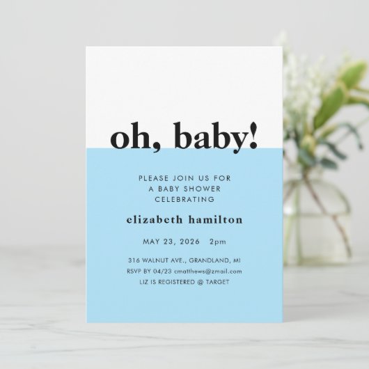 青と白のベビーシャワー招待状 Oh Baby! 招待状 (スタンド正面)