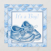 青と白のベビーシューズ 男の子 シャワー 招待状 (正面/裏面)
