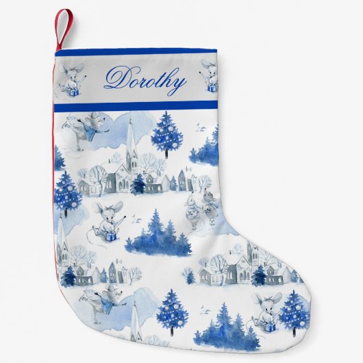 青と白のホリビクトリアンデーマウスヴィレッジ スモールクリスマスストッキング (正面)