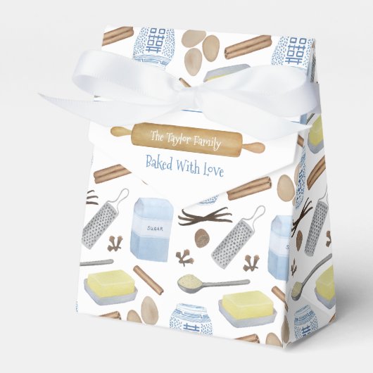 青と白のホー焼いたムクッキーまたはパイのスライス フェイバーボックス (正面サイド)