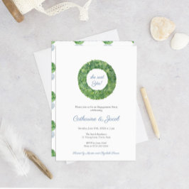 青と白のボク結婚ウッド婚約パーティ 招待状