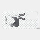 青と白のボストンテリアのキャラクターデザインの犬 + 名前 Case-Mate iPhoneケース (裏面 (横))