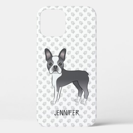 青と白のボストンテリアのキャラクターデザインの犬 + 名前 Case-Mate iPhoneケース (裏面)