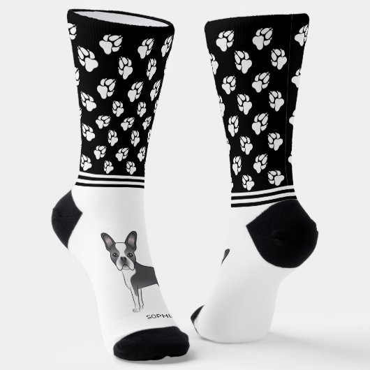 青と白のボストンテリアの名前と手 ソックス (傾斜あり)