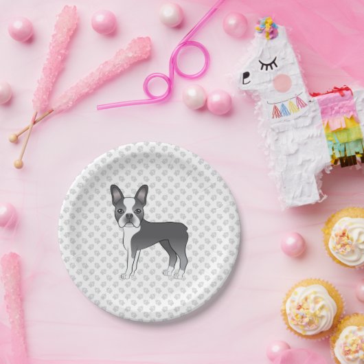 青と白のボストンテリアの漫画の犬と歩く ペーパープレート (パーティー)