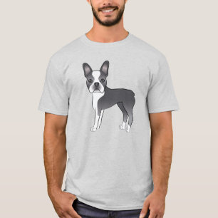 青と白のボストンテリア かわいいキャラクタードッグ Tシャツ