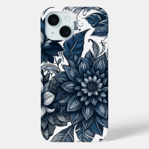 青と白のボヘミアン フラワープリント iPhone 15ケース