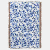 青と白のマグノリアスToile de Jouy スローブランケット (正面縦)