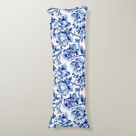 青と白のマグノリアスToile de Jouy ボディピロー (正面縦)