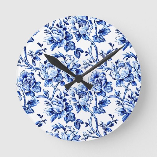青と白のマグノリアスToile de Jouy ラウンド壁時計 (正面)