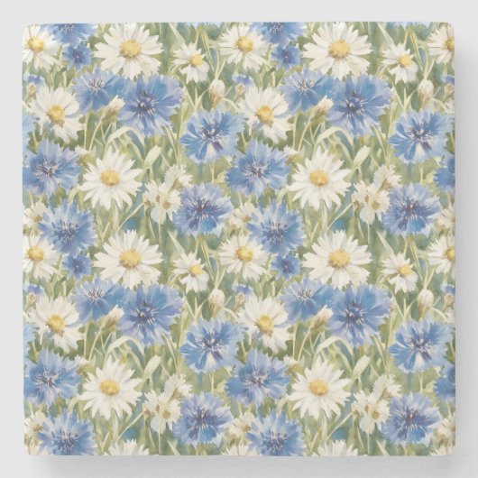 青と白のマーガレットの花 ストーンコースター (正面)