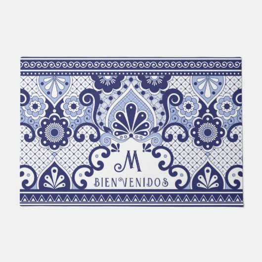 青と白のメキシコのタイルモノグラム | ビエンベニドス ドアマット (正面)