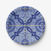 青と白のメディテレーニアンスタイルの焼き物タイルパターン ペーパープレート (正面)