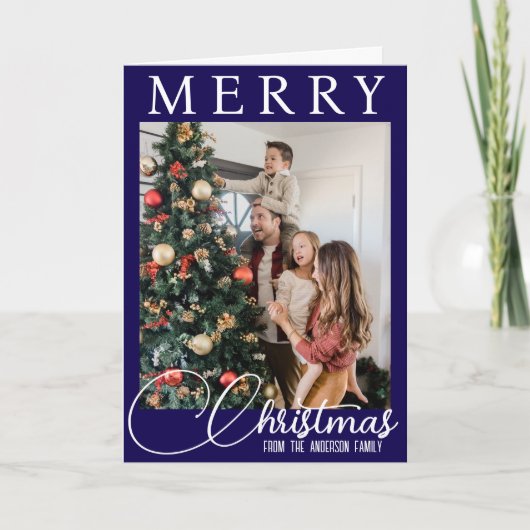 青と白のメリークリスマス家族の写真 シーズンカード (正面)