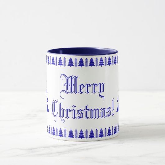 青と白のモダンクリスマスツリー星模様 マグカップ (中央)