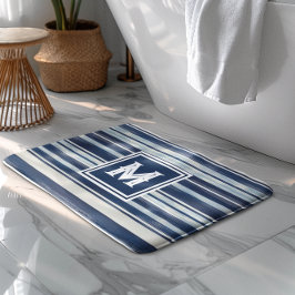 青と白のモノグラストライプのム バスマット